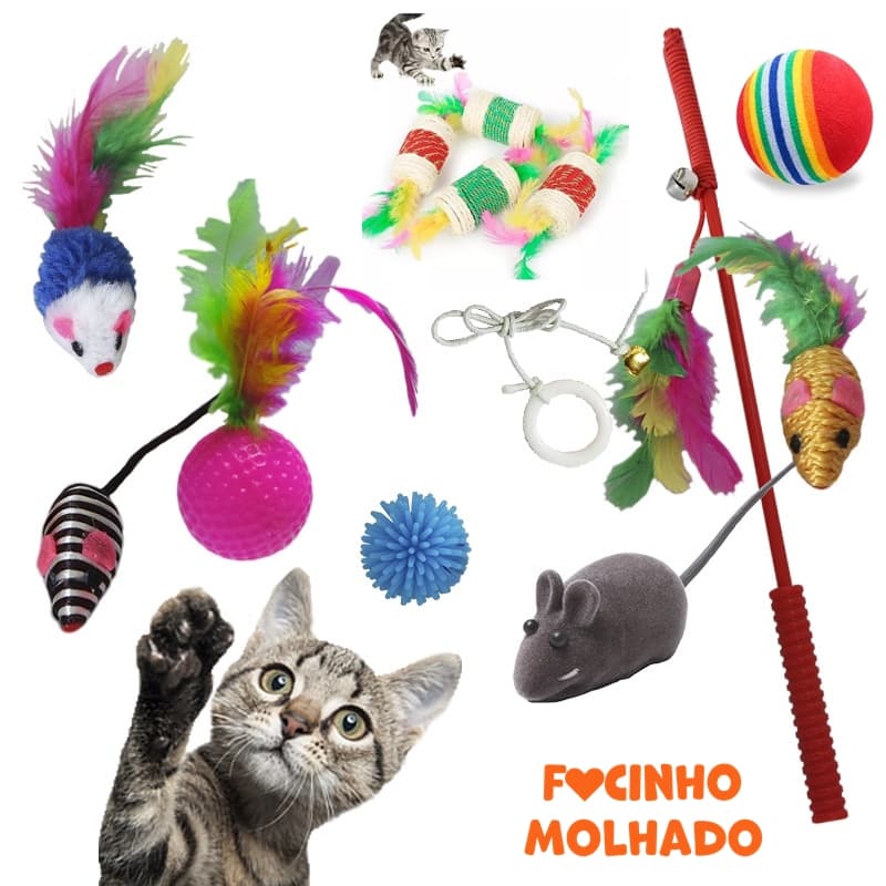 Kit 7 Brinquedos Interativos para Gatos Pet Bolinha Sisal Ratinho Incluso 1 Varinha Sortidos Recreação