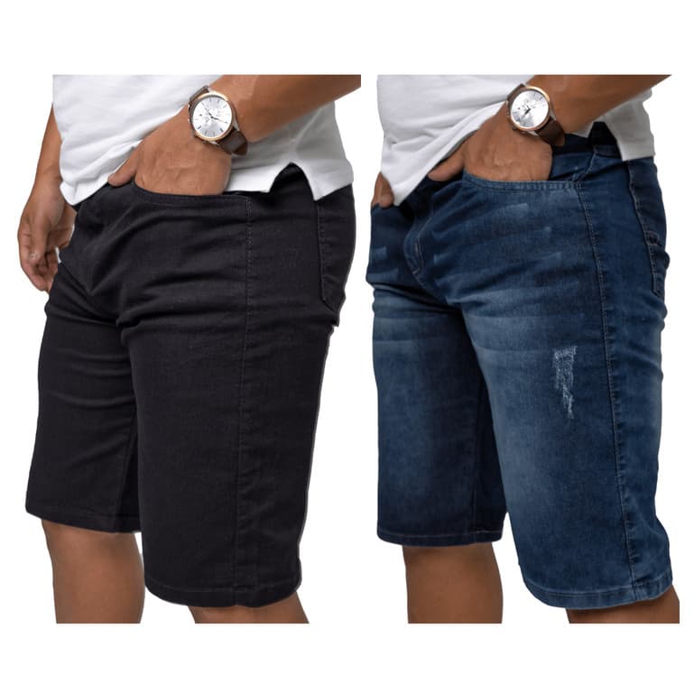 Kit 2 Bermuda Jeans Masculina Preta Lisa Azul Puído Bigode Elastano Shorts Masculino Presente Pai