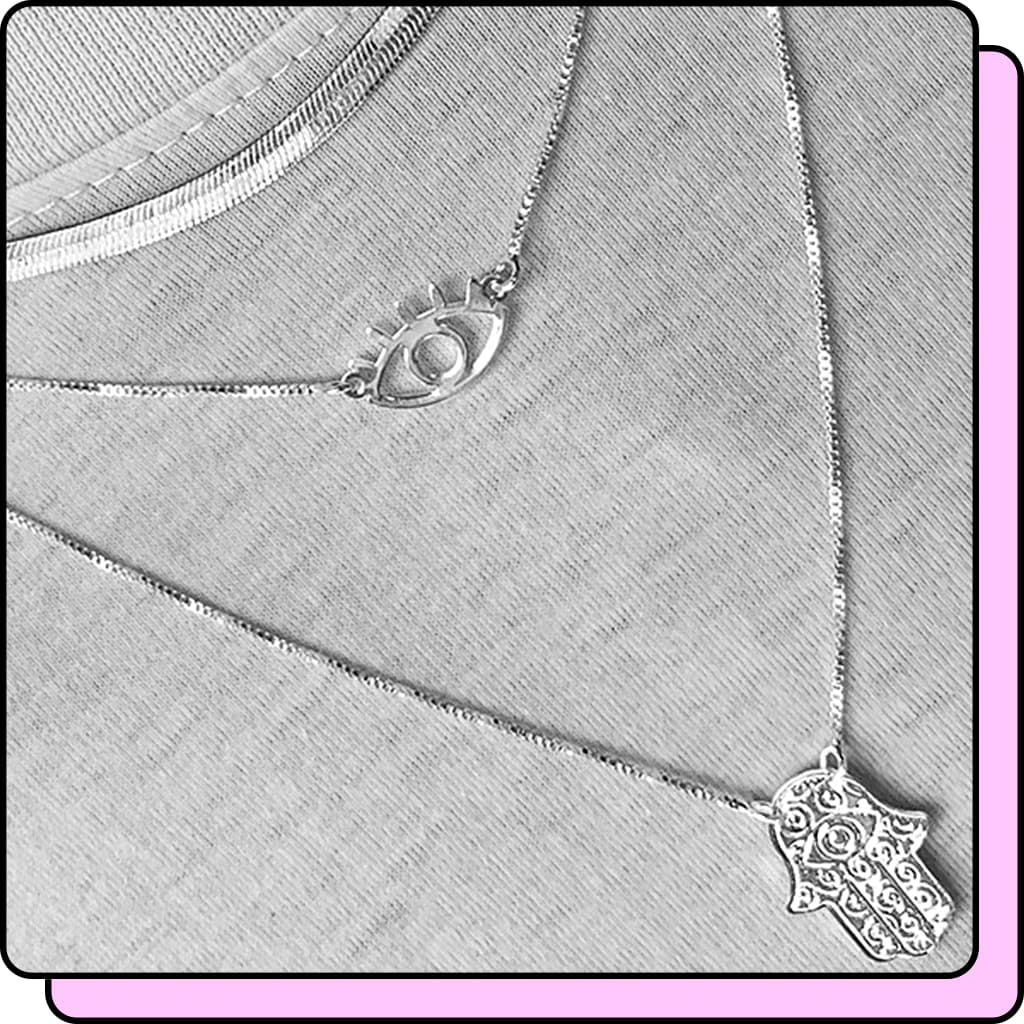 Colar Prata 925 Olho Grego Colares Duplo Mao de Hamsa Fio Laminado