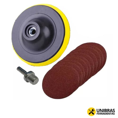 Suporte De Lixa De Velcro 125mm + 10 Disco De Lixa + Adaptador Para Uso Em Parafusadeira E Furadeira