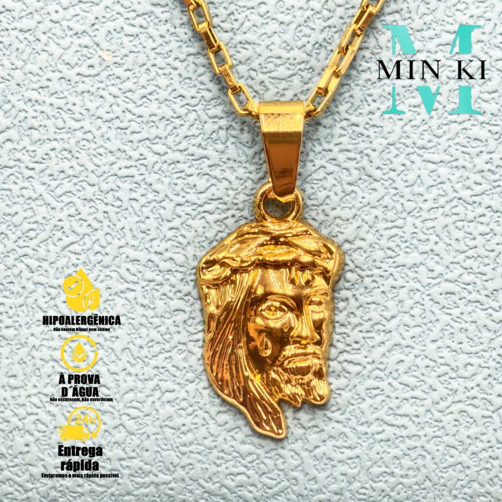 Pingente Colar Face de Jesus - Joia Religiosa para Homens, Banho Ouro 18K, Promoção Imperdível