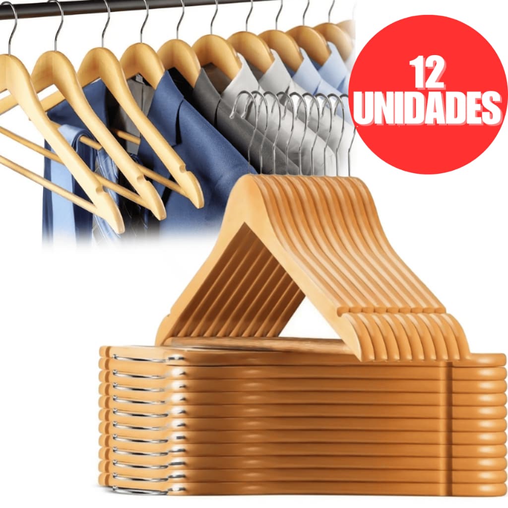 Kit 12 Cabides Madeira Marfim com Verniz e Gancho Cromado para Roupas e Calças