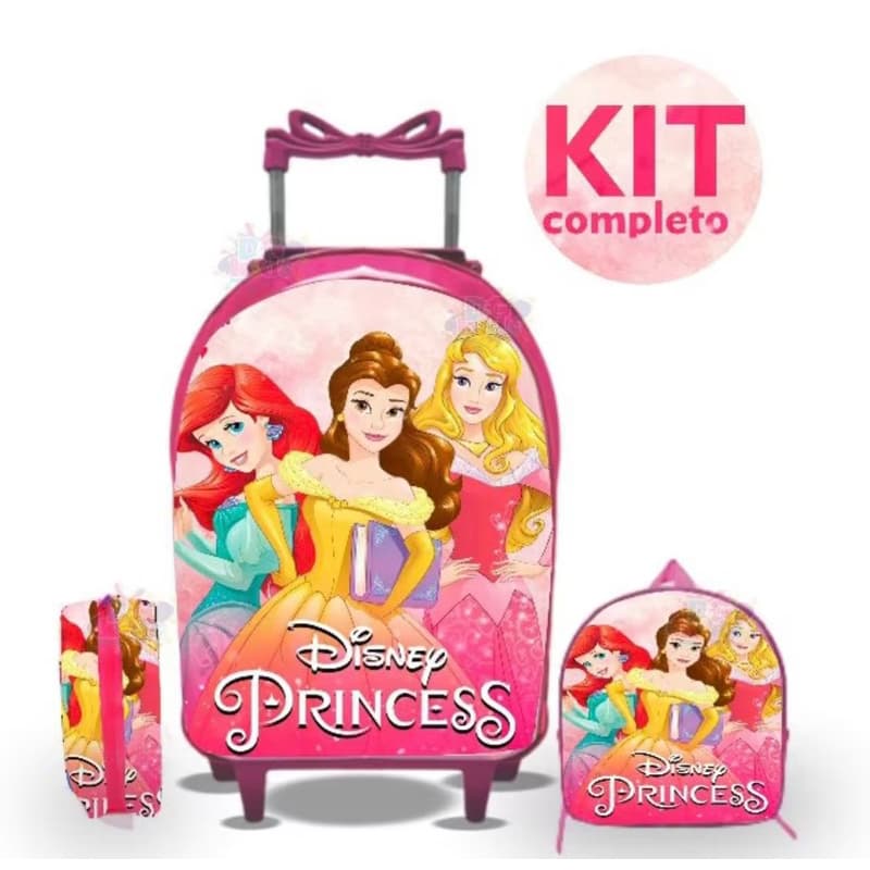 mochila infantil com rodinha princesas kit lancheira e estojo