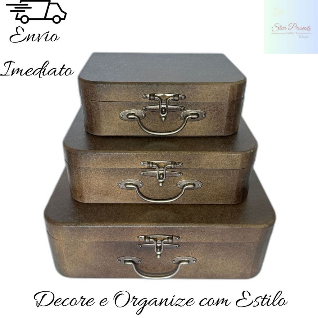 Trio Maleta Mdf Pintada Decoração Organizadora Fecho E Alça Em Metal Decorar