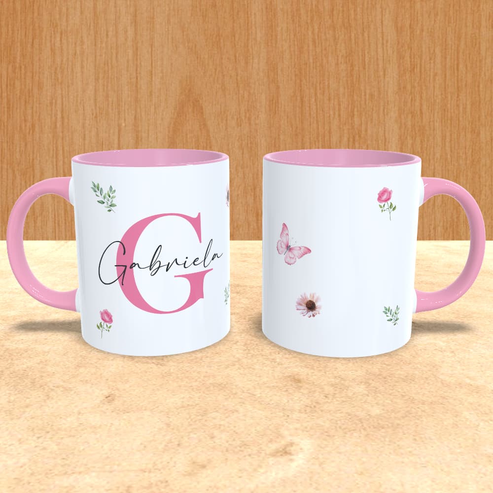 caneca personalizada com inicial e nome rosa com flores borboleta caneca branca ou caneca com alça e interior rosa