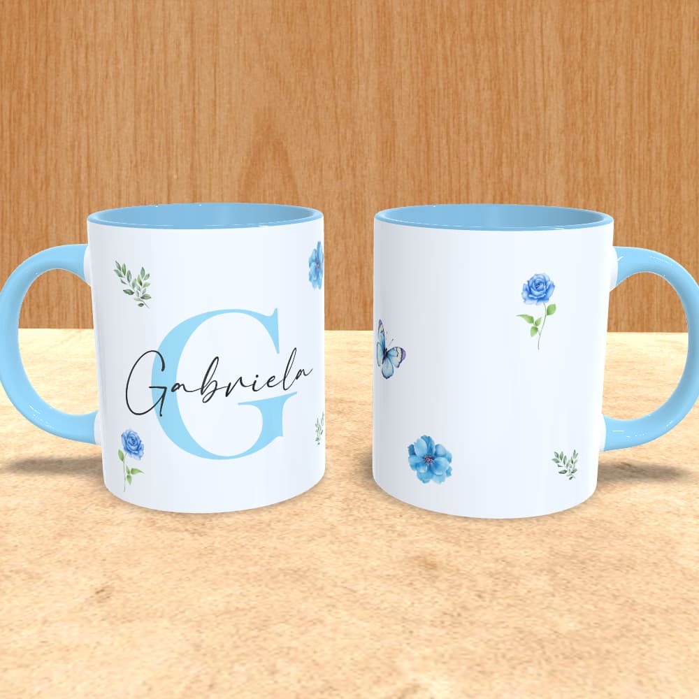 caneca personalizada com inicial e nome azul com flores borboleta caneca branca ou caneca com alça e interior azul