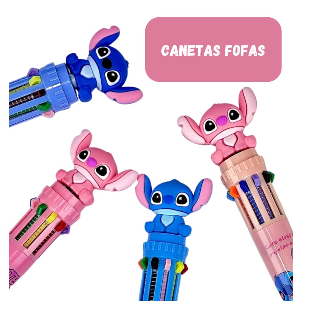Caneta Stitch 6 Cores Papelaria Fofa Infantil Menino Menina Esferografica