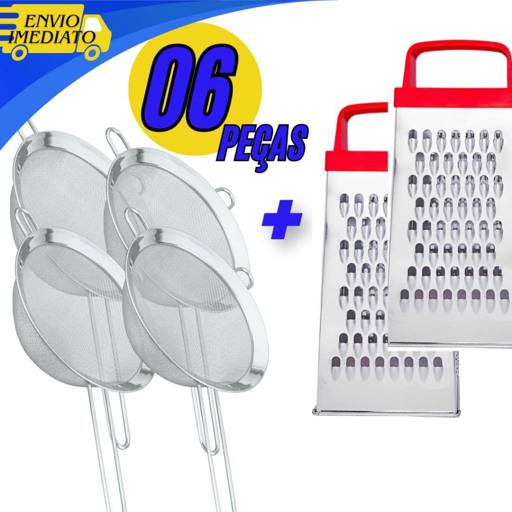 Kit 4 Peneiras 12cm + 2 Ralador Inox Cabo Plástico para Legumes Arroz Cozinha Restaurantes Buffet