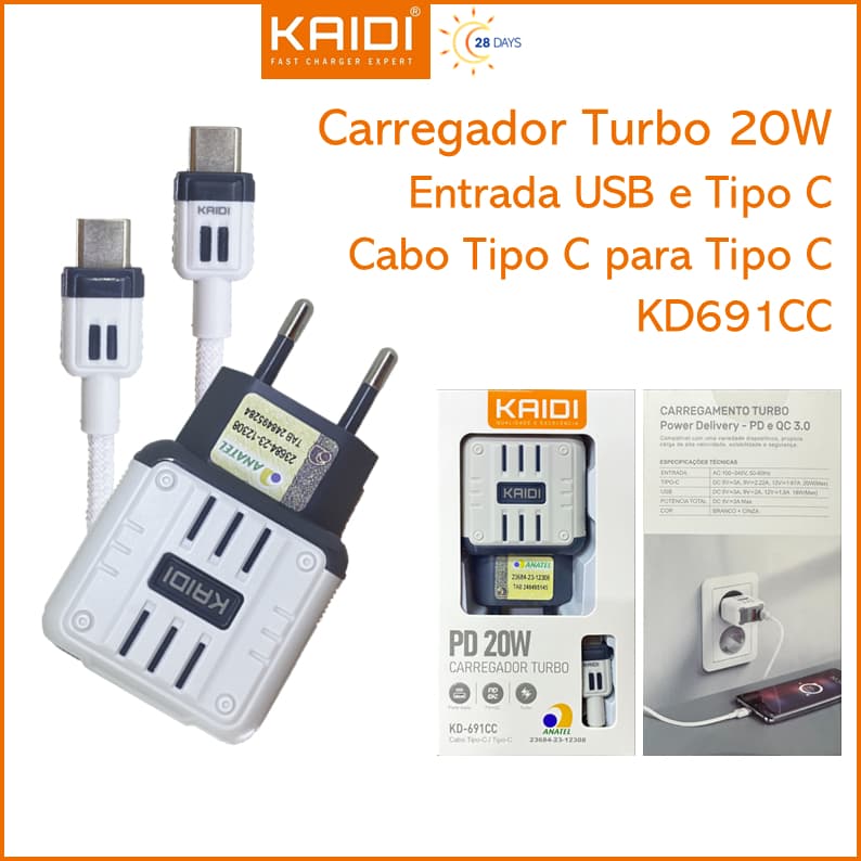 Carregador de Tomada Fonte Turbo 20W Tipo-C e USB com cabo Tipo C para Tipo C KAIDI KD-691CC