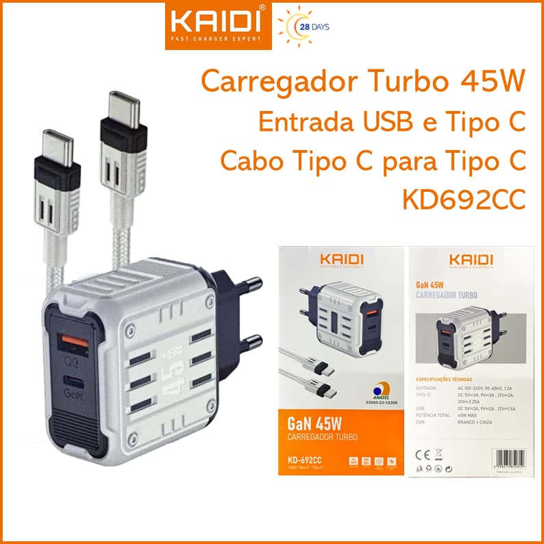 Carregador de Tomada Fonte Turbo 45W Tipo-C e USB com cabo Tipo C para Tipo C KAIDI KD-692CC