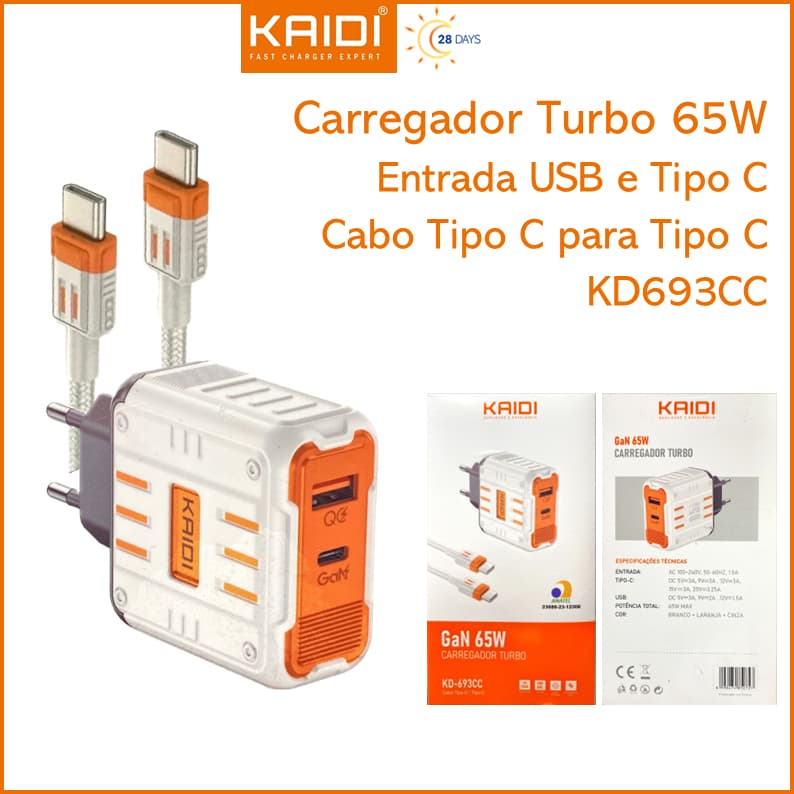 Carregador de Tomada Fonte Turbo 65W Tipo-C e USB com cabo Tipo C para Tipo C KAIDI KD-693CC