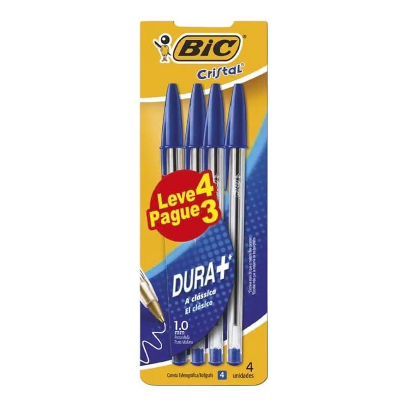 Caneta Esferográfica BIC Escrita Média Cristal Dura Mais, Azul, Leve 4 Pague 3, BT 4 UN