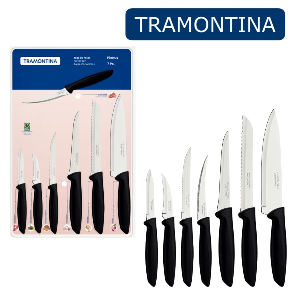 Kit Conjunto Jogo De Facas 7 Peças Plenus Lâmina Inox Cortador de Tomate Tramontina