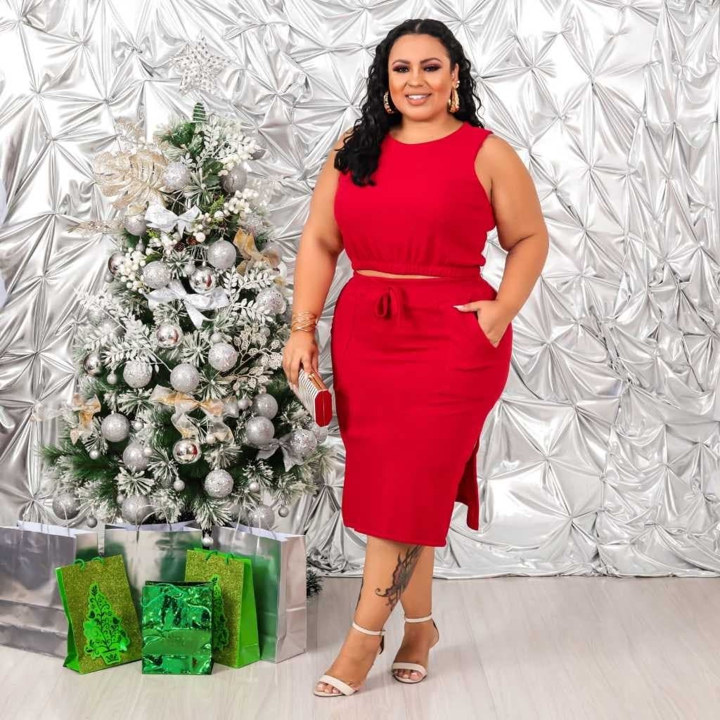 Conjunto Feminino Plus Size Malha Canelada Cropped Amarração e Saia Tubinho Moda Gringa Feminina