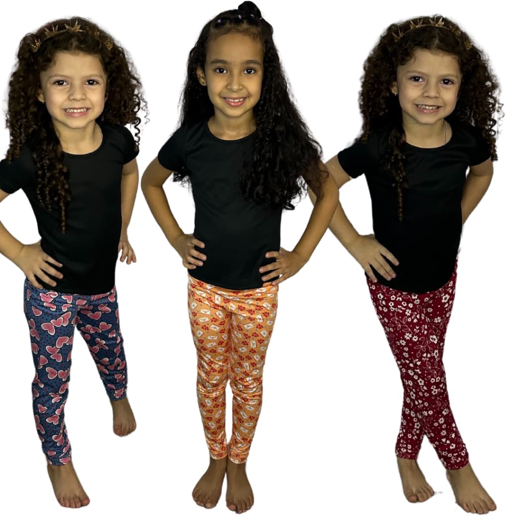 Kit Com 3 Leggings Infantil Suplex Estampas Variadas