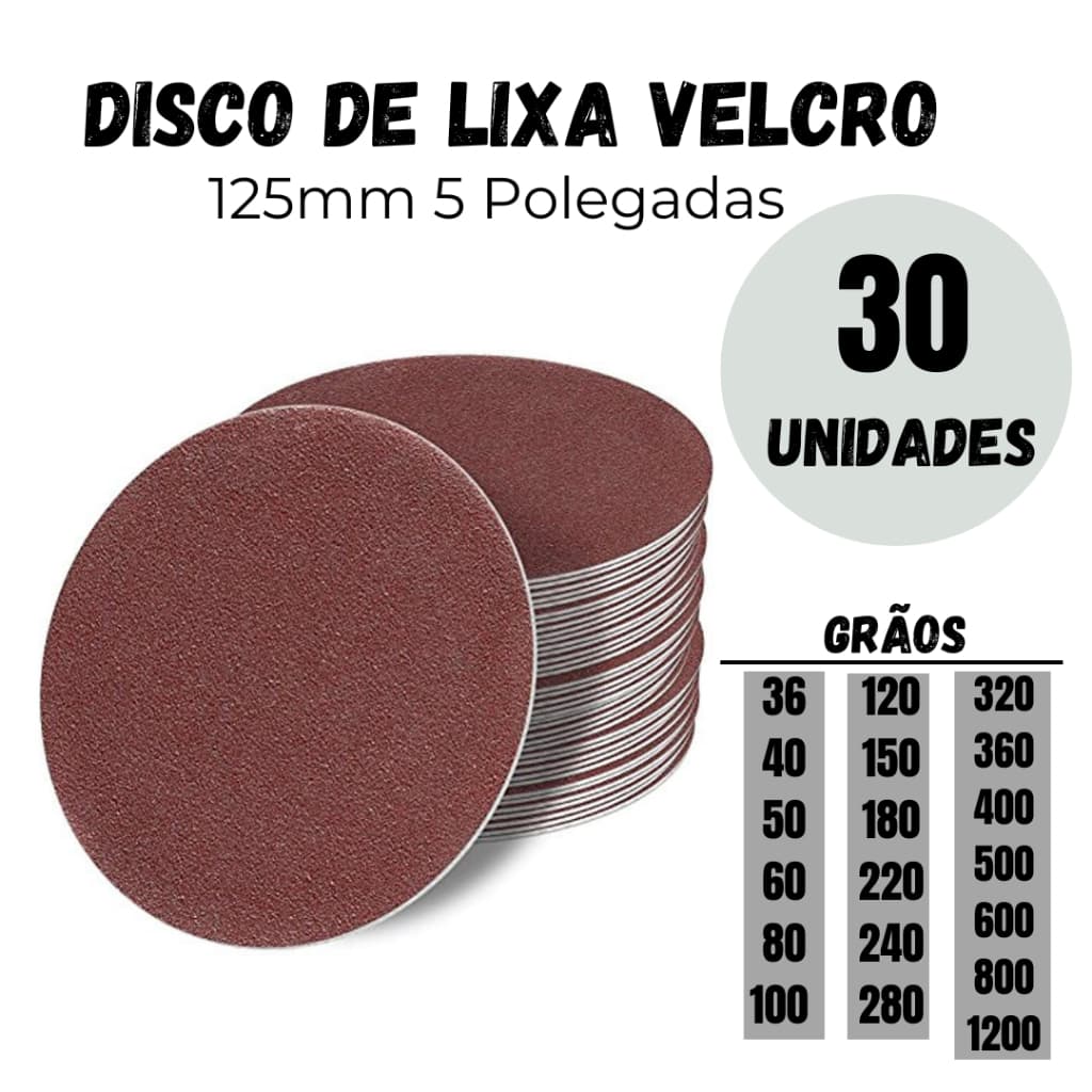Kit 30 Lixas Disco 125mm com Velcro – Rokit – Para Ferro, Madeira, Inox