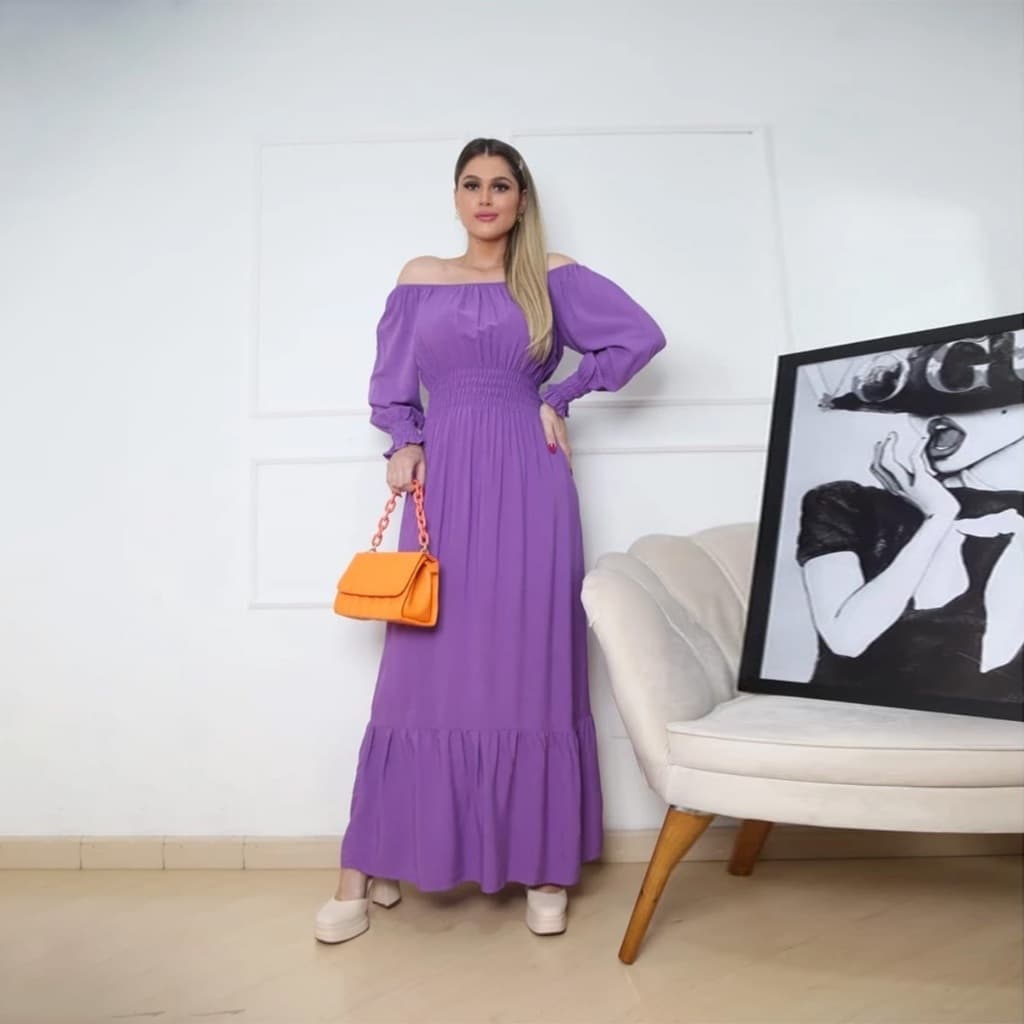 Vestido Longo ombro ao ombro Manga Longa Viscolinho Com latex na cintura - Moda verão
