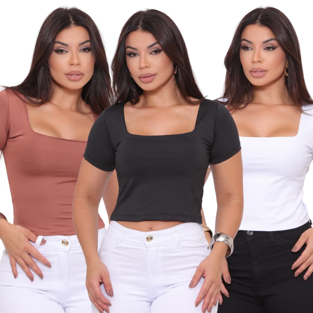 Kit 3 Blusas Cropped Suplex Básico Liso Manga Curta Decote Quadrado Forrada Cores Variadas