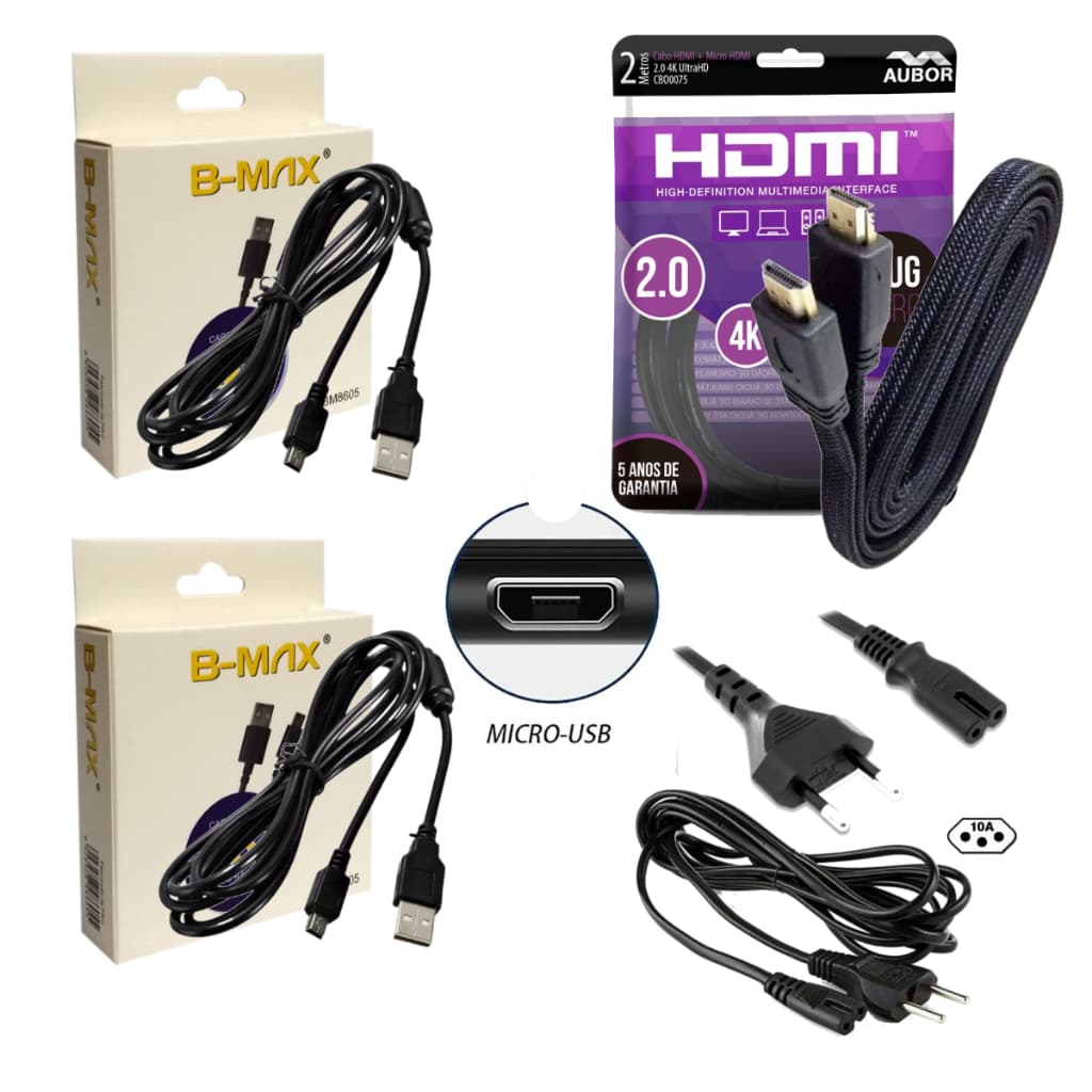 Kit Acessórios Ps4 Cabos Para Consoles Playstation 4 Com 2x Cabos V8 Recarregável + Cabo HDMI 4K + Cabo Força