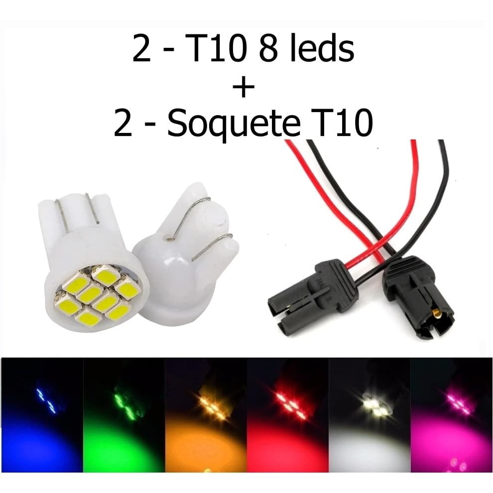Chicote Soquete Conector T10 + Lâmpadas T10 8 Led Lanterna Farolete Luz de posição Ré Teto