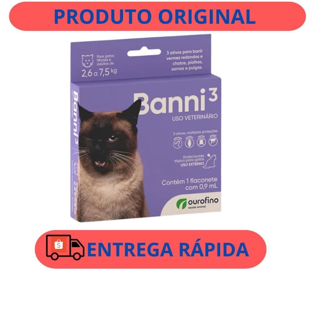 Banni 3 Gatos até 7,5kg 0,90ml Vermes Pulgas Sarna Piolho - Ourofino Pet