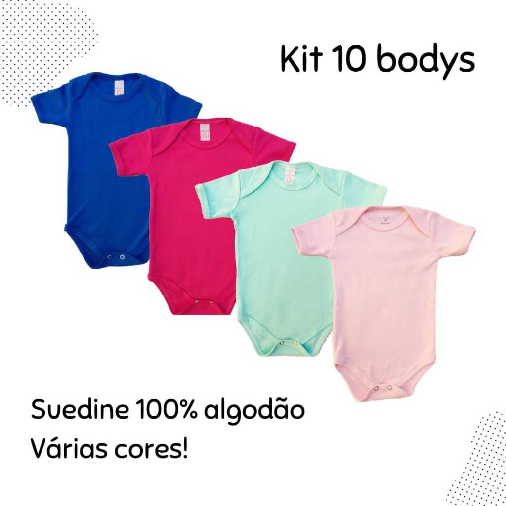 Kit 10 Bodys Bebê (Manga Curta) Lisos Suedine 100% Algodão (Cores em Variedades)