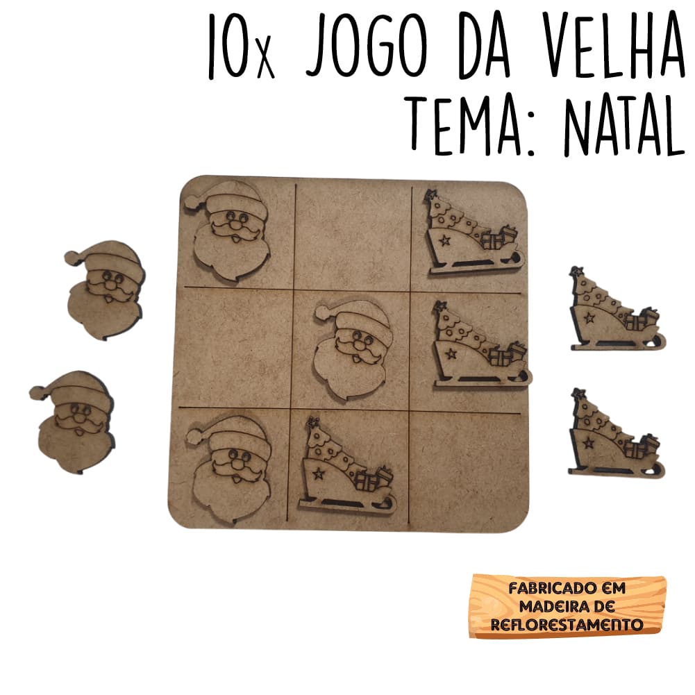 10 Jogos da velha Natal Papai Noel Trenó em MDF 10cm tabuleiro brinquedo presente lembrancinha kit