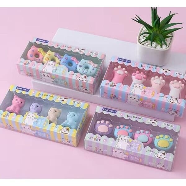 Kit Com 4 Borrachas Fofas Tema Gatinho Kawaii Papelaria