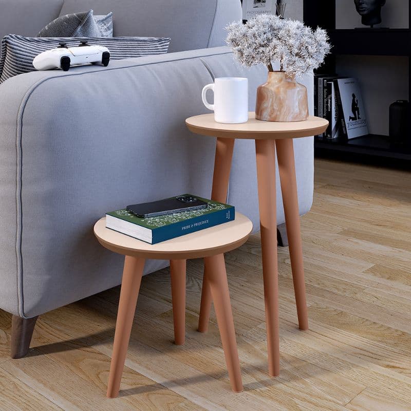 Jogo Mesinha Lateral e centro Redonda Sala Pé Palito de plástico tampo MDF Decoração Porta Objetos
