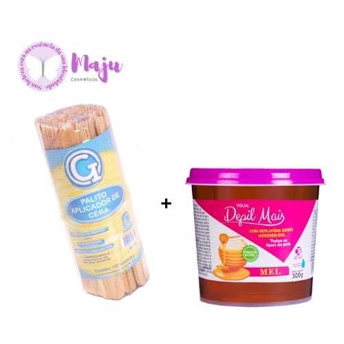 Kit Depilatório Palito Aplicador de Cera Gi 100 unidades + Cera Depilatória Depil Mais Mel  300g