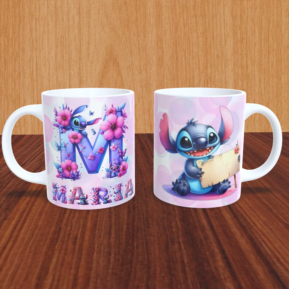 caneca stitch com inicial e nome personalizada sublimação