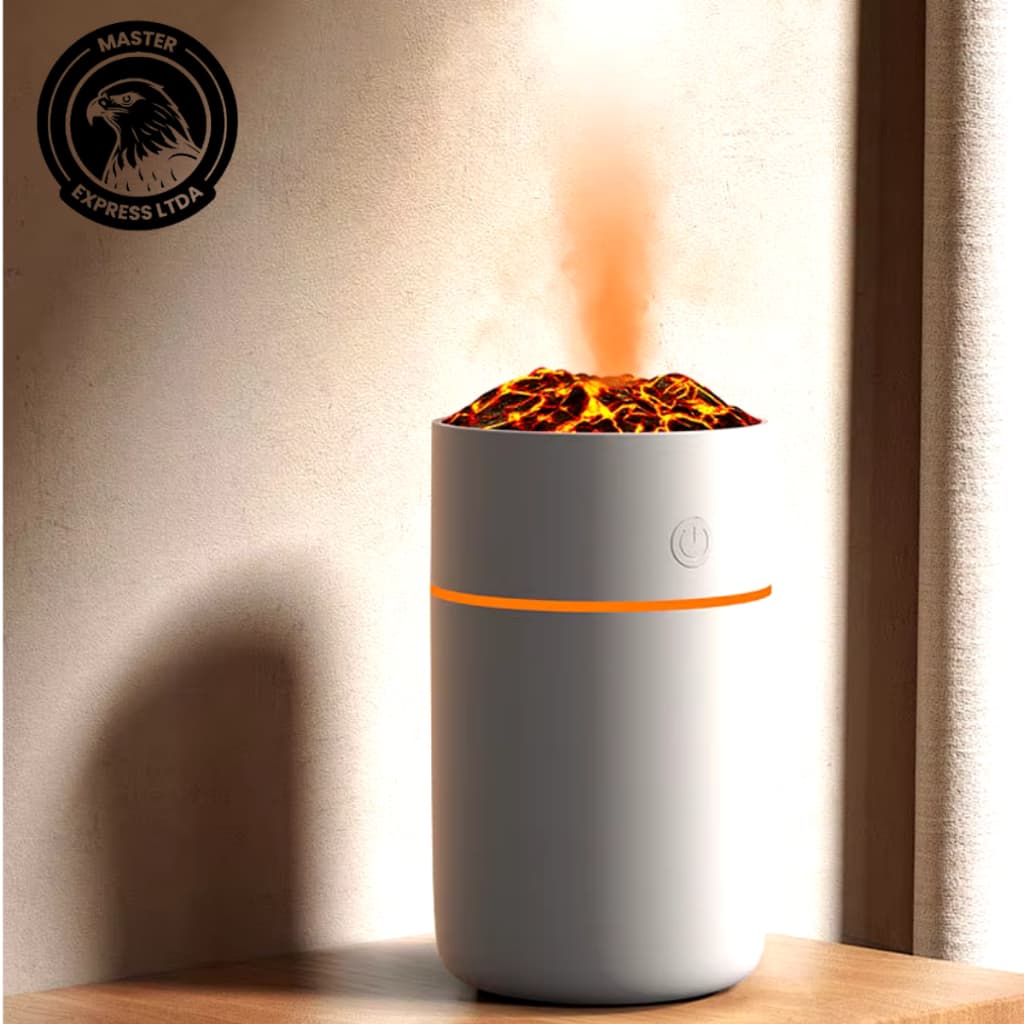 Umidificador de Ar e Difusor de Aromas Tipo Vulcão USB – Design Exclusivo com Luz Flamejante Colorida