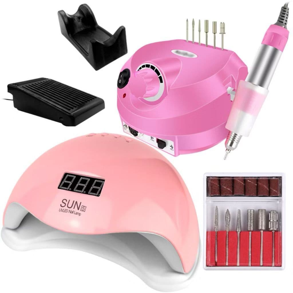 Kit Manicure Profissional Alongamento de Uhas Cabine Sun 5 Led Bivolt Unha Gel Acrigel Motor PorquinhoLixadeira Elétrica