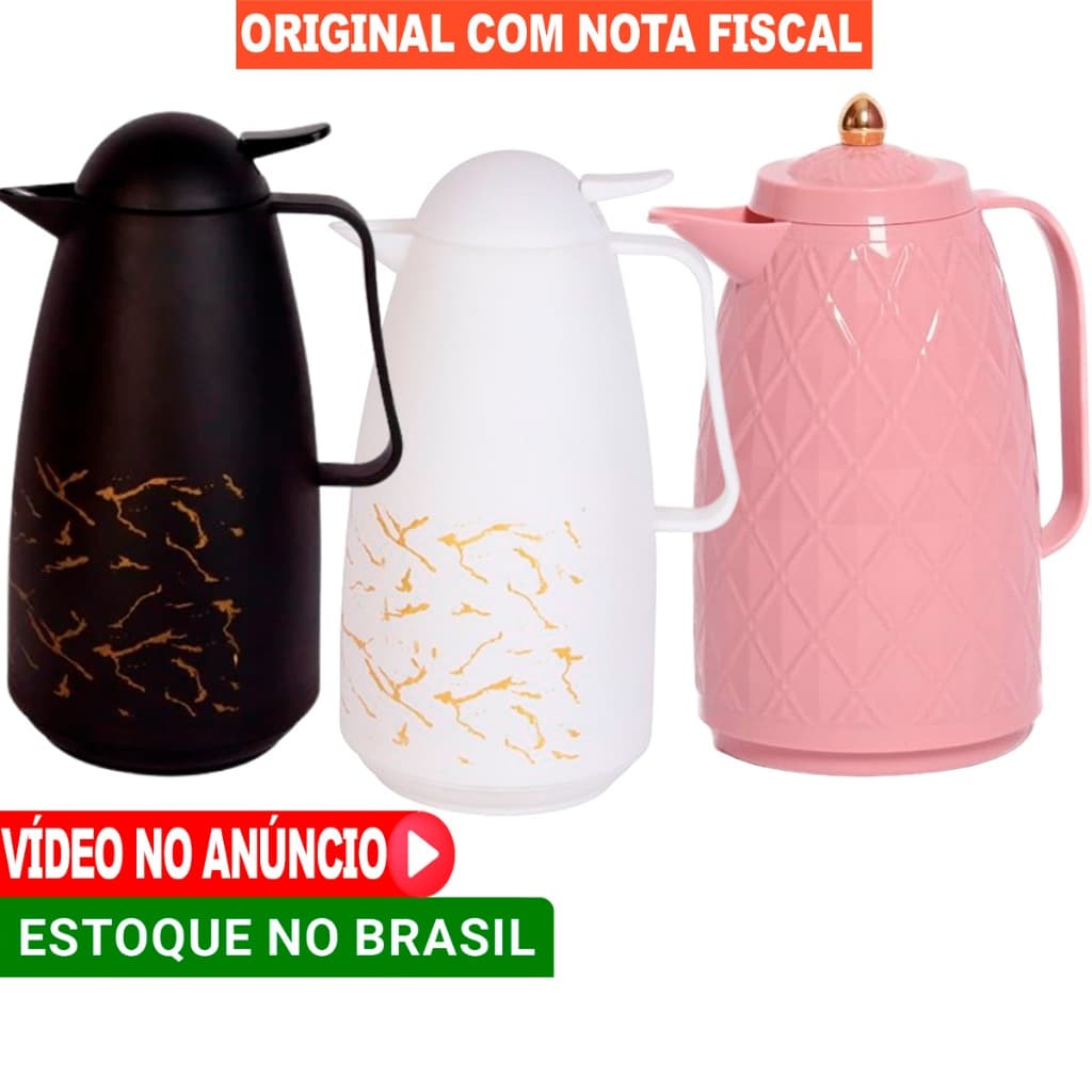 garrafa térmica café rosa branca ou preta Moderna detalhes dourado cantinho do café 1 litro