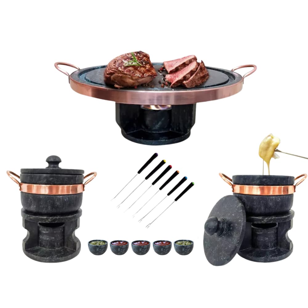 Fondue de Pedra Sabão 37 cm + 2 fondue de 500 Ml + 6 Garfos + 5 Tigelas