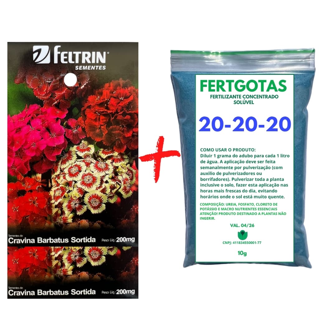 Até 390 Sementes de Cravina Barbatus Sortida - Feltrin + Fertilizante Solúvel 20-20-20