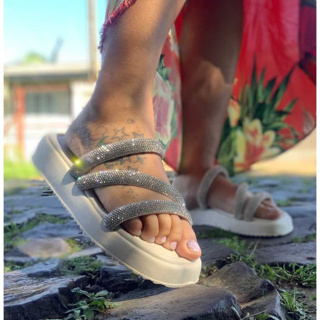 Sandália Papete Feminina Birken sola alta Flatform Strass Brilho