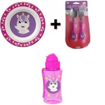 Kit Refeição Infantil Tigela + Talher Colher E Garfo + Garrafinha Plástico Menina