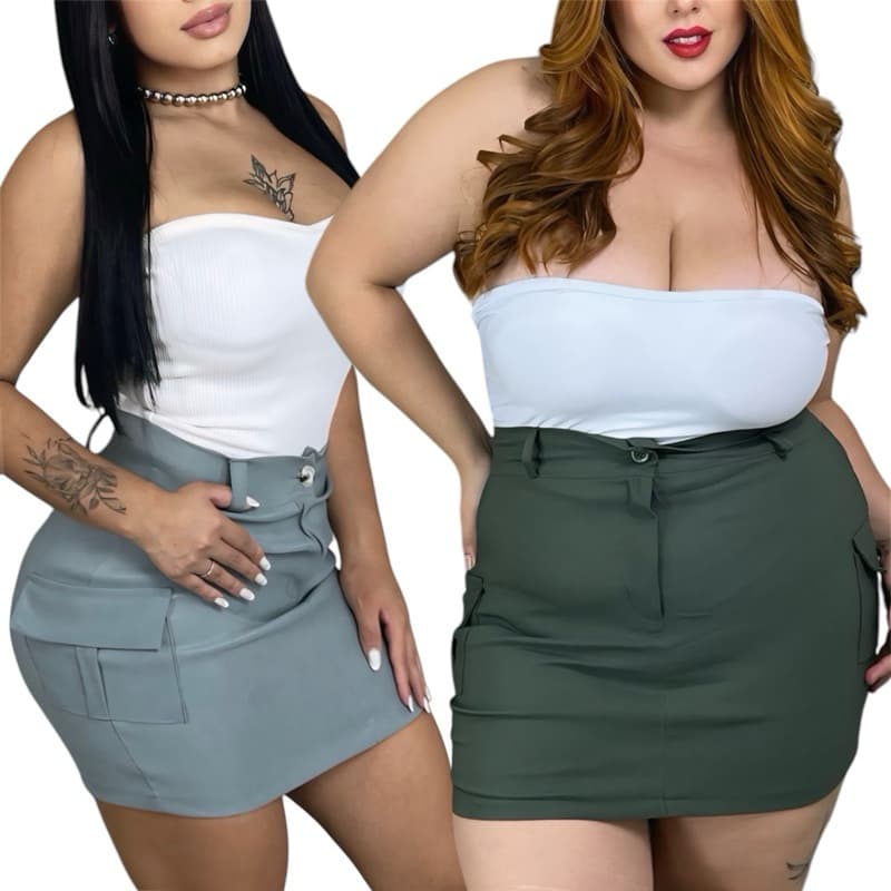 Saia Cargo Curta P ao G3 N52 Plus Size Bengaline cintura alta com ziper e botão