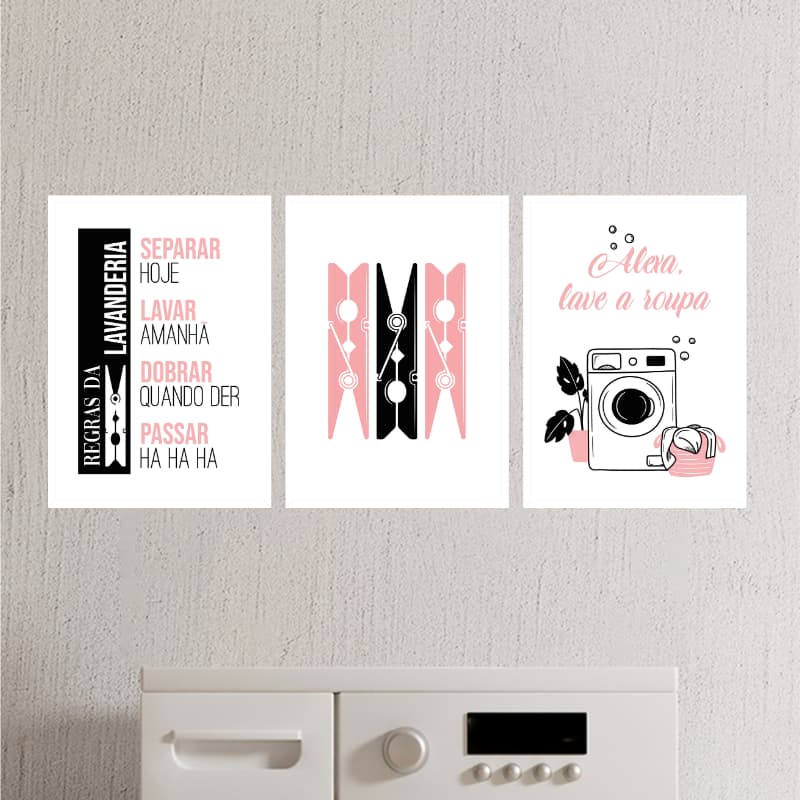 Kit 3 Lavanderia Rosa com preto, pregador de roupa, maquina de lavar, decoração de casa MDF 20x28