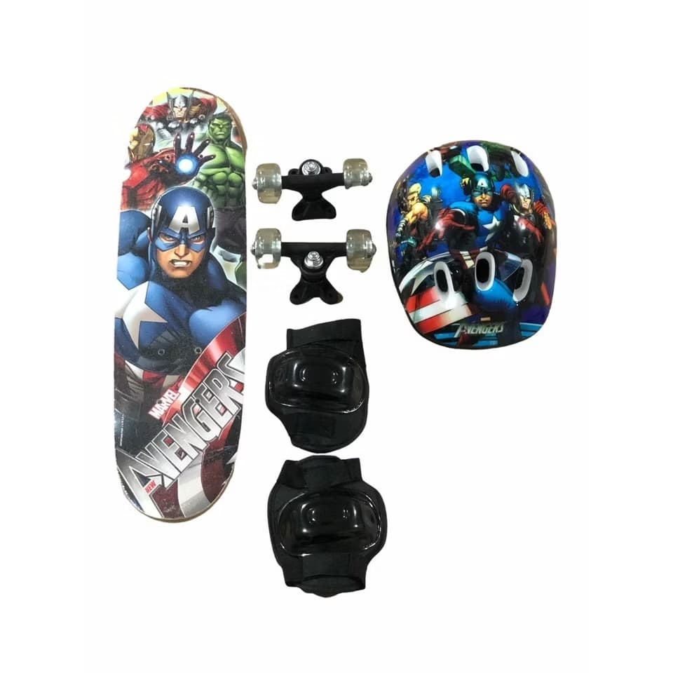 Skate Infantil Radical Antiderrapante Vingadores Com Kit Segurança Menino e Menina 60CM Promoção