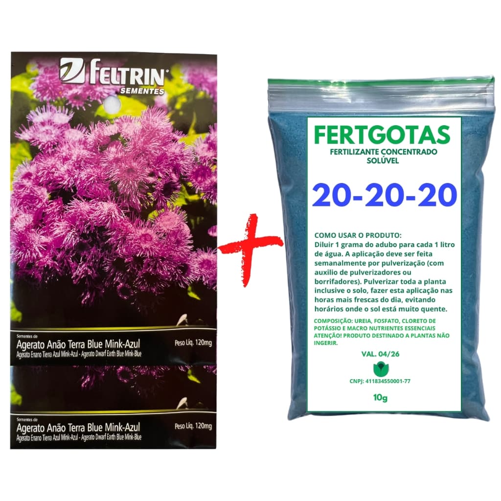 Até 390 Sementes de Agerato Anão Azul - Feltrin + Fertilizante Solúvel 20-20-20
