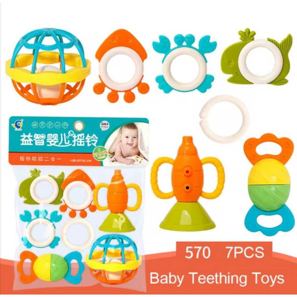 Kit mordedor e chocalho para bebe, mordedor bebe, chocalho bebe, 7 peças, brinquedos bebe