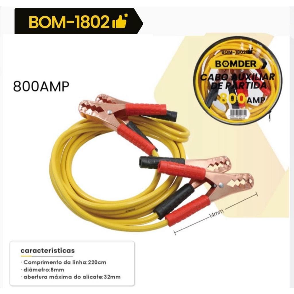 Cabo Carregador Bateria Chupeta Carro 800amp 2.2m C/ Bolsa BOMDER-1802