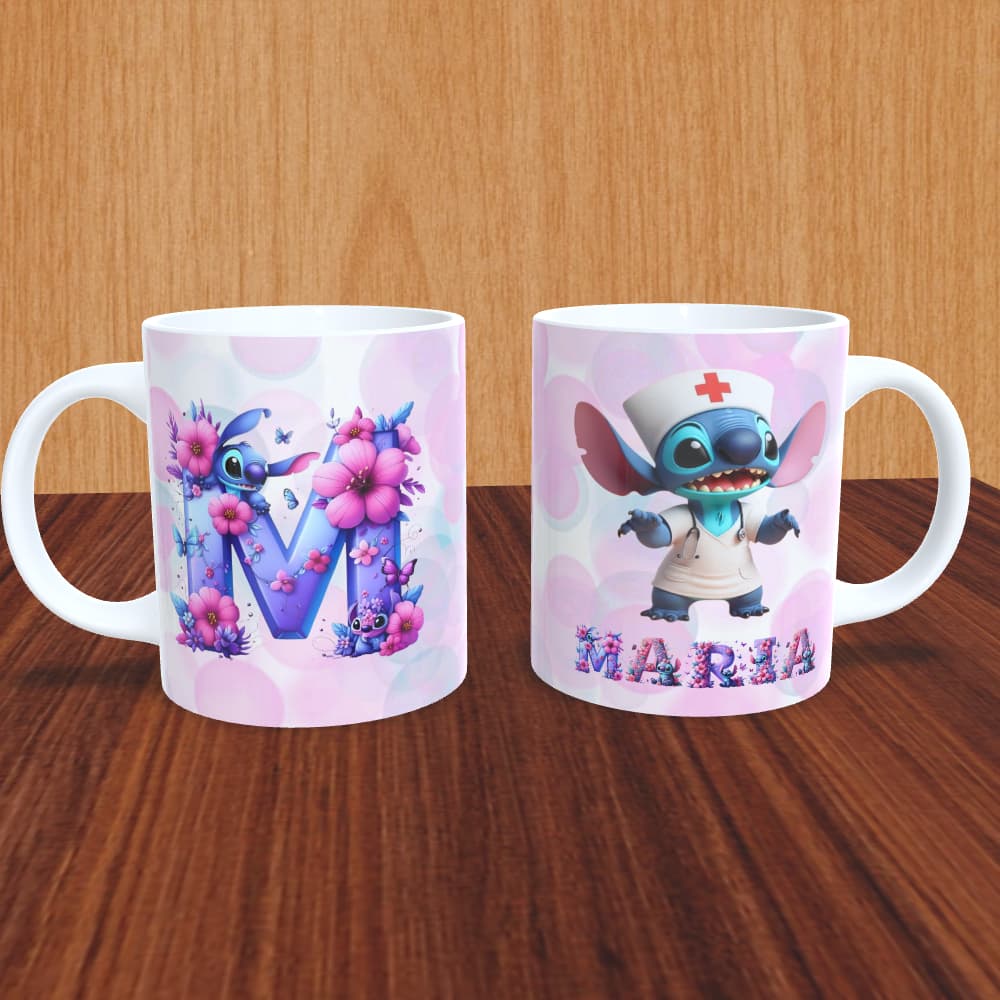 caneca 325ml com nome stitch personalizada sublimação profissão enfermagem enfermeira