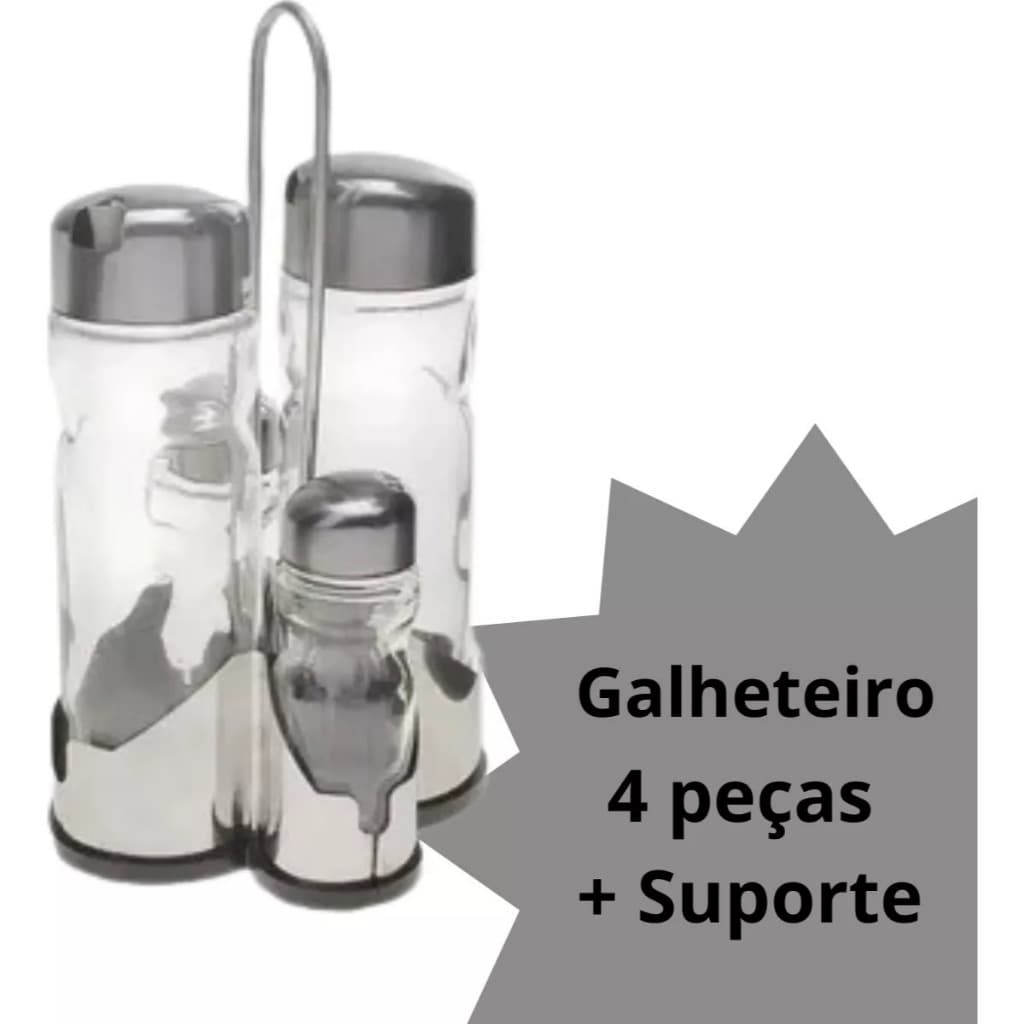 Galheteiro Porta Vinagre Azeite E Sal Com 4 Peças E Suporte