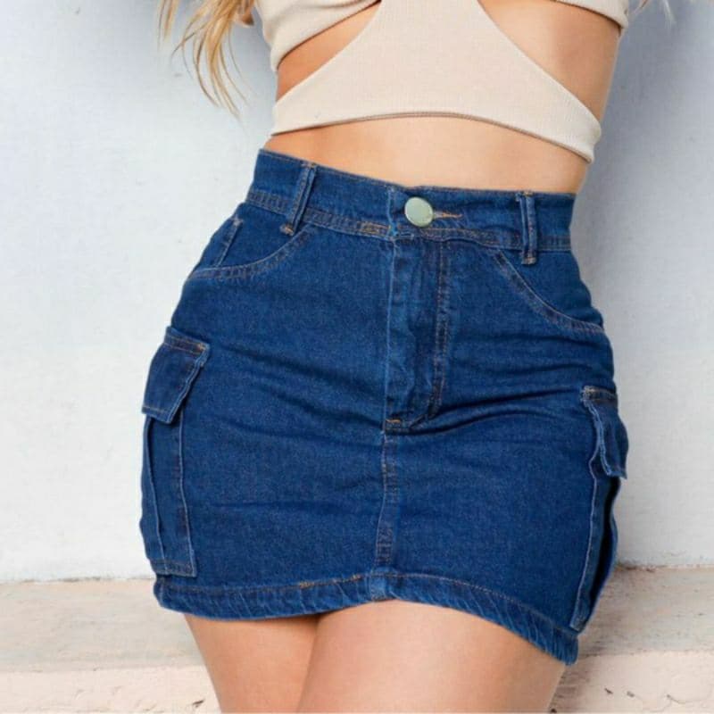 Mini saia jeans cargo feminina cintura alta empina bumbum tendência