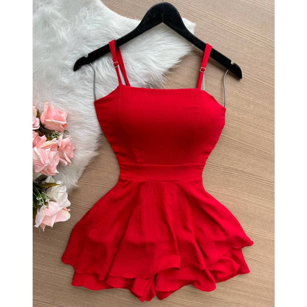Macaquinho Macacões Feminino vermelho com Alças e Shortinho, Possui bojo