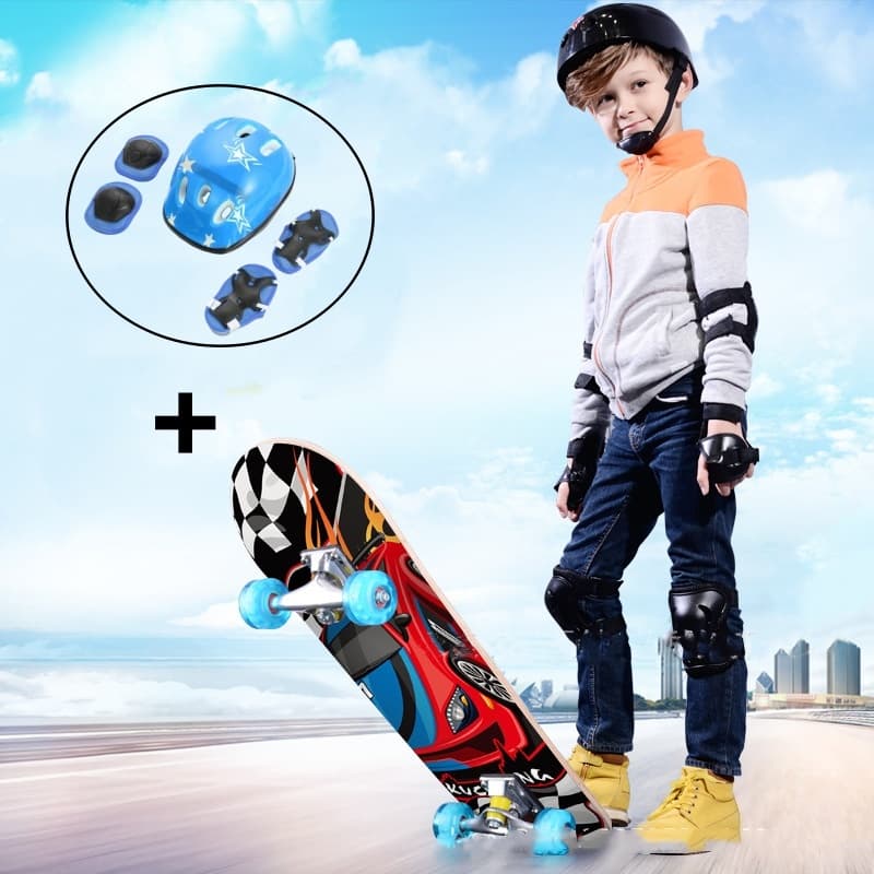 Skate Infantil Radical Antiderrapante Varios Personagens Completo+Kit Proteção Unitoys Suporta Até 50kg