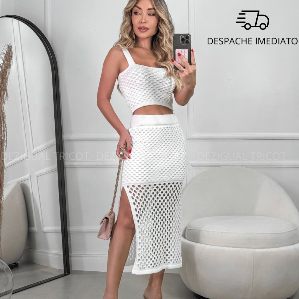 Conjunto Saia e Cropped Tricot Roupas De Verão Feminina Crochet Elegante